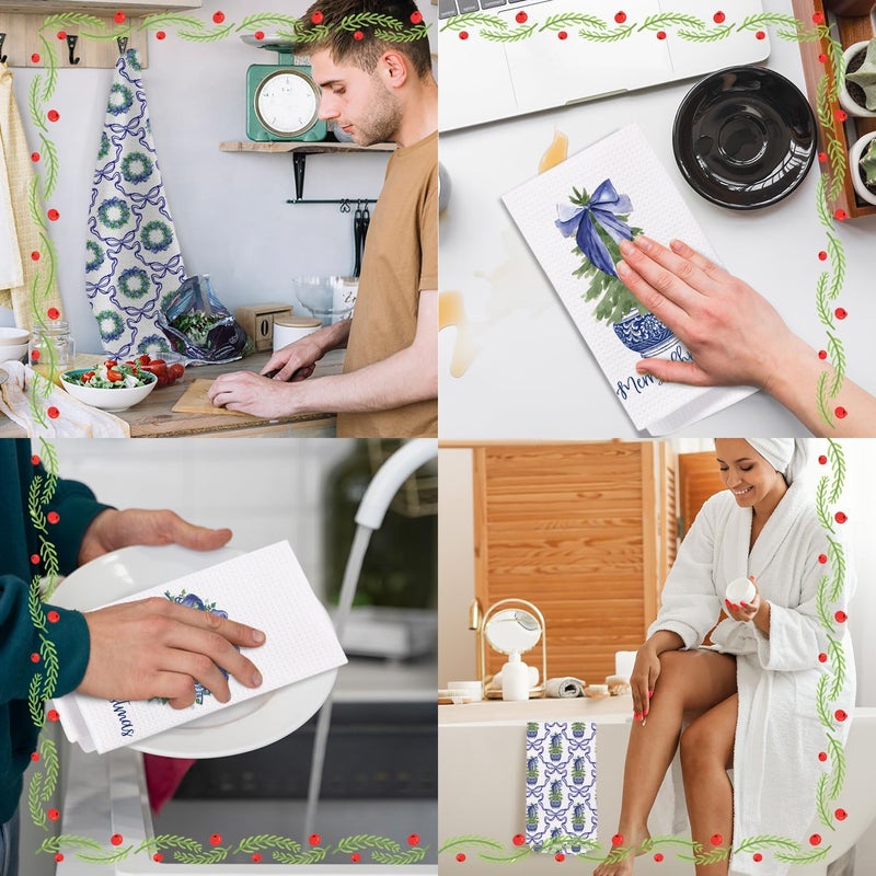 SPBL&L Chinoiserie Christmas Kitchen Towels,Blue Bow Coquette Christmas Tree Dish Towels for Kitchen Bathroom, Blue Christmas Hand Towels for Kitchen,Grandmillennial Decor,16x24 Inches Set of 4 - Image 3